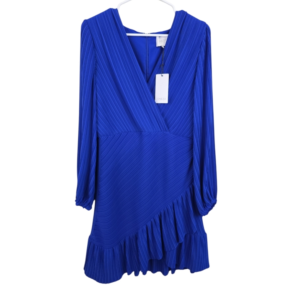 $355 ONE33 Social Women's Blue Ruffled Pleated Surplice Neck Dress Size 10